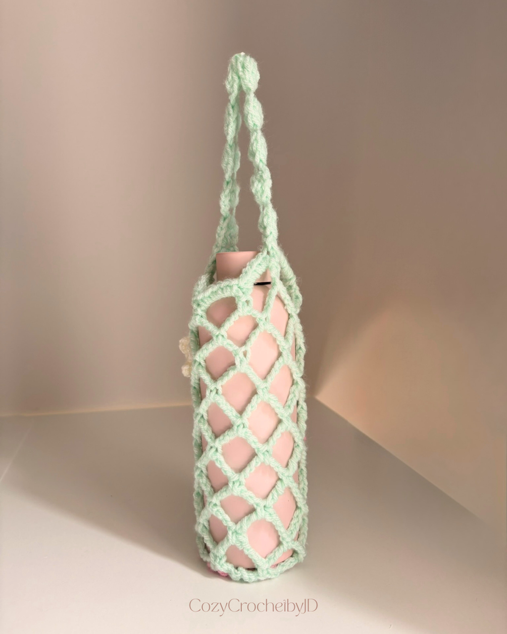 Crochet Bottle Holder, Boho Net Bottle Bag with Handle, Handmade Tumbler Carrier