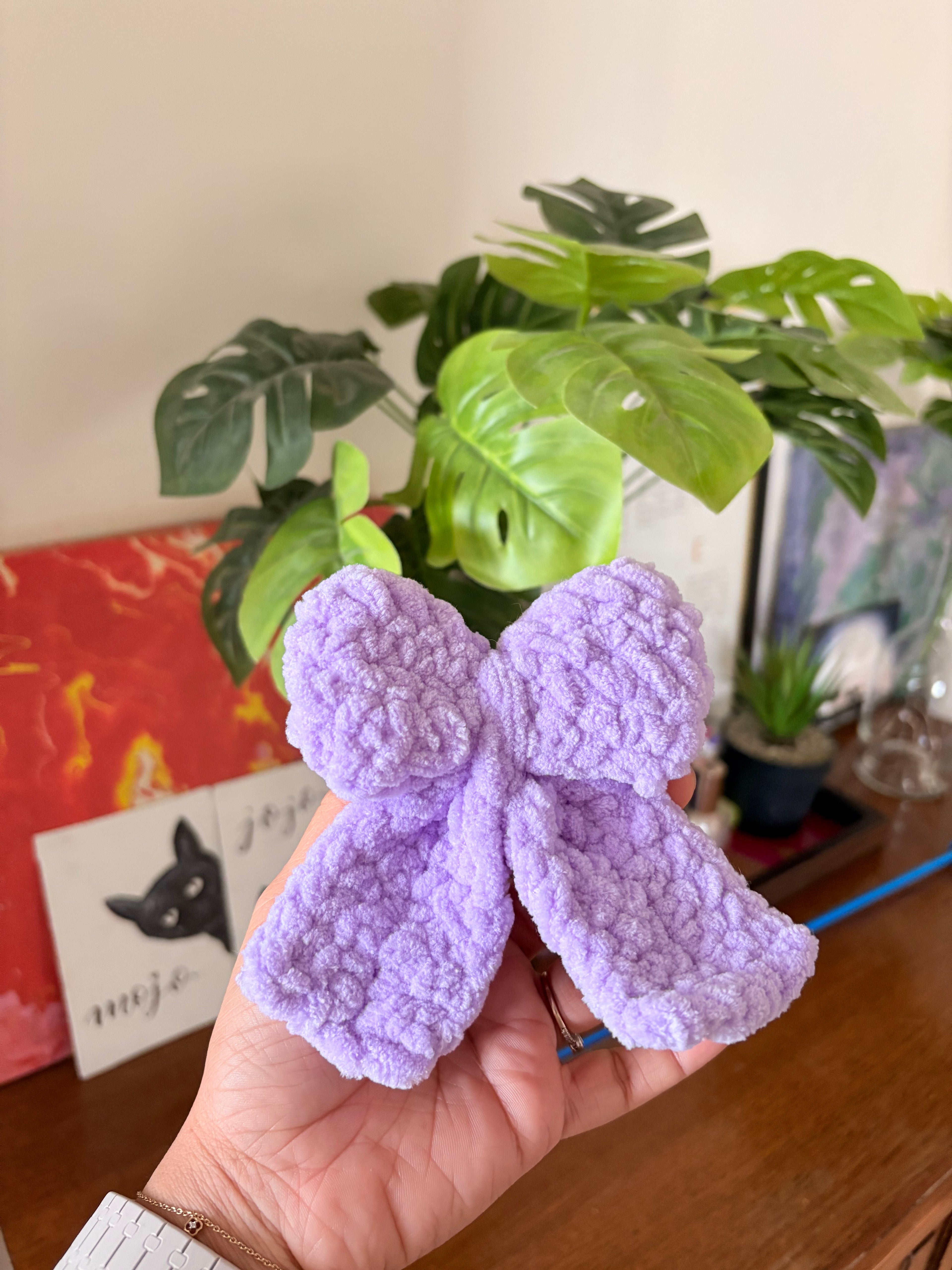 Crochet Bow Bag Charm | Fluffy Lavender Bow Keyring | Rose Gold Key Ring | Handmade Cute Gift Her