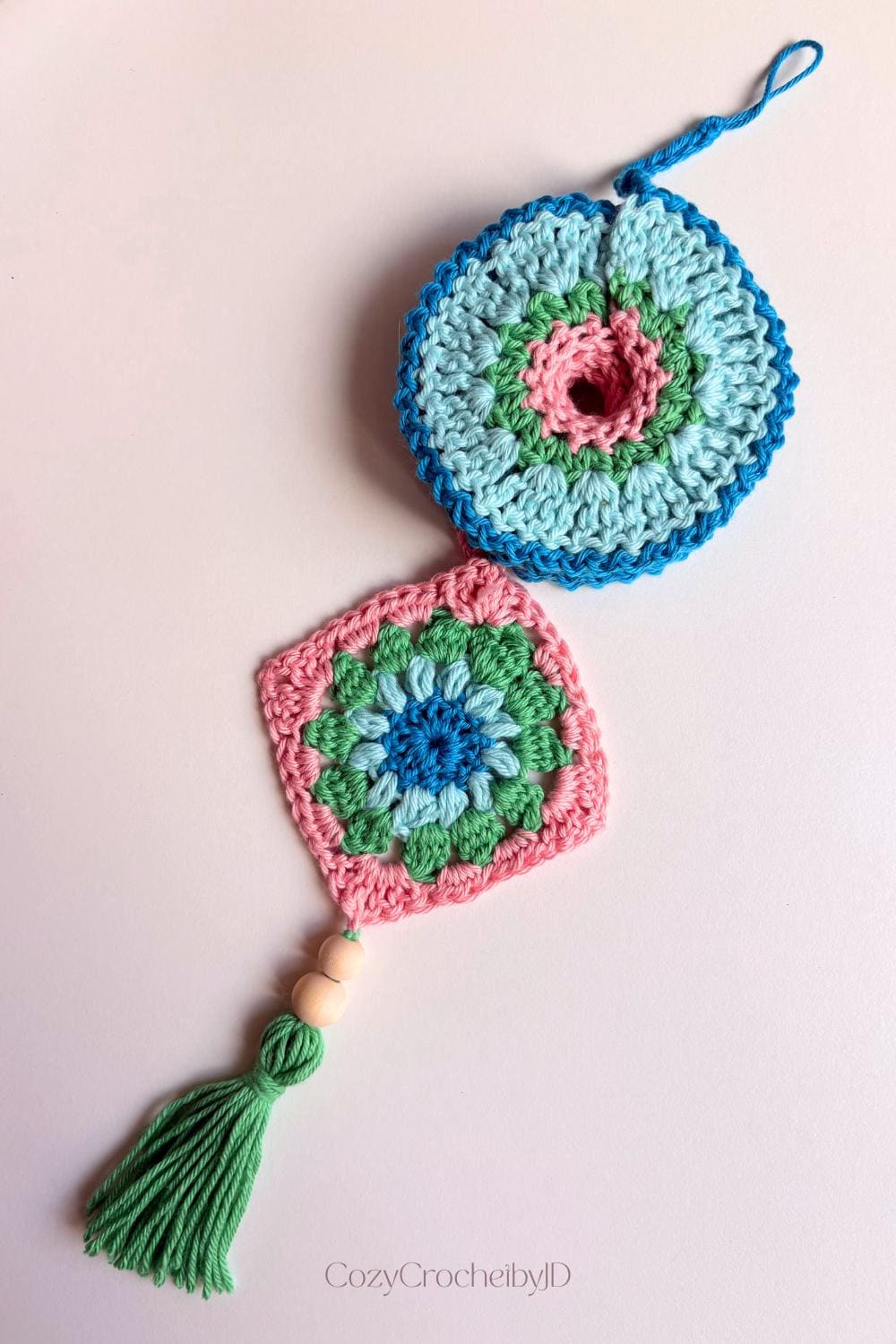 Crochet Granny Square Hanging Decor | Boho Suncatcher Wall Art | Handmade Tassel Home Decor Gift