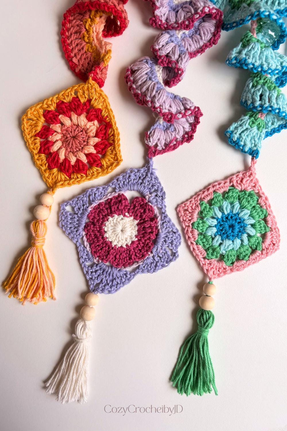 Crochet Granny Square Hanging Decor | Boho Suncatcher Wall Art | Handmade Tassel Home Decor Gift