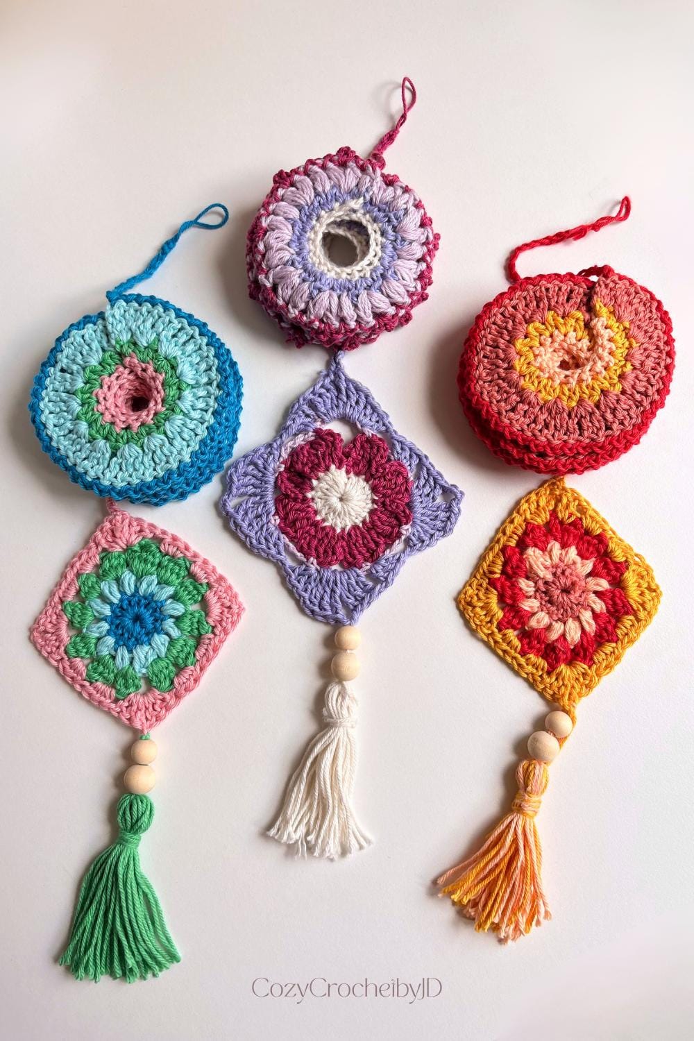 Crochet Granny Square Hanging Decor | Boho Suncatcher Wall Art | Handmade Tassel Home Decor Gift