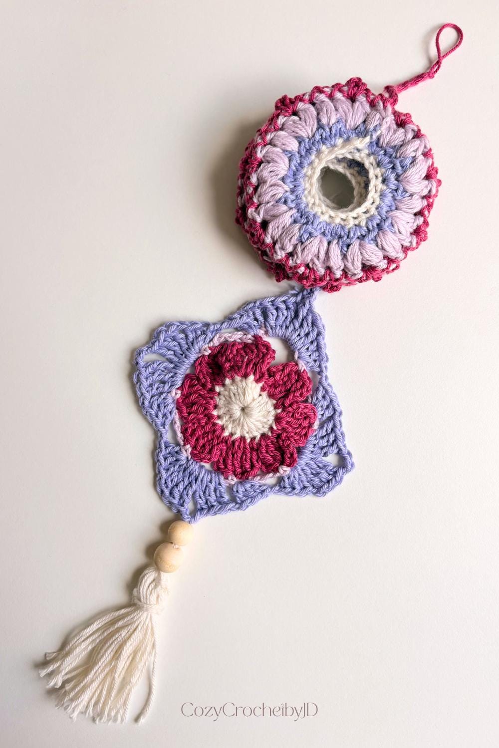 Crochet Granny Square Hanging Decor | Boho Suncatcher Wall Art | Handmade Tassel Home Decor Gift