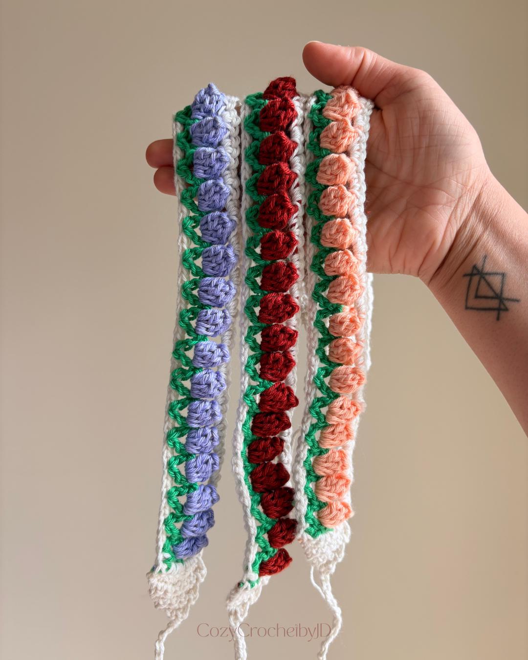 Crochet Floral Hairband | Handmade Tie-Up Headband | Rose, Tulip & Peach Blossom | Spring Summer Hair Accessory