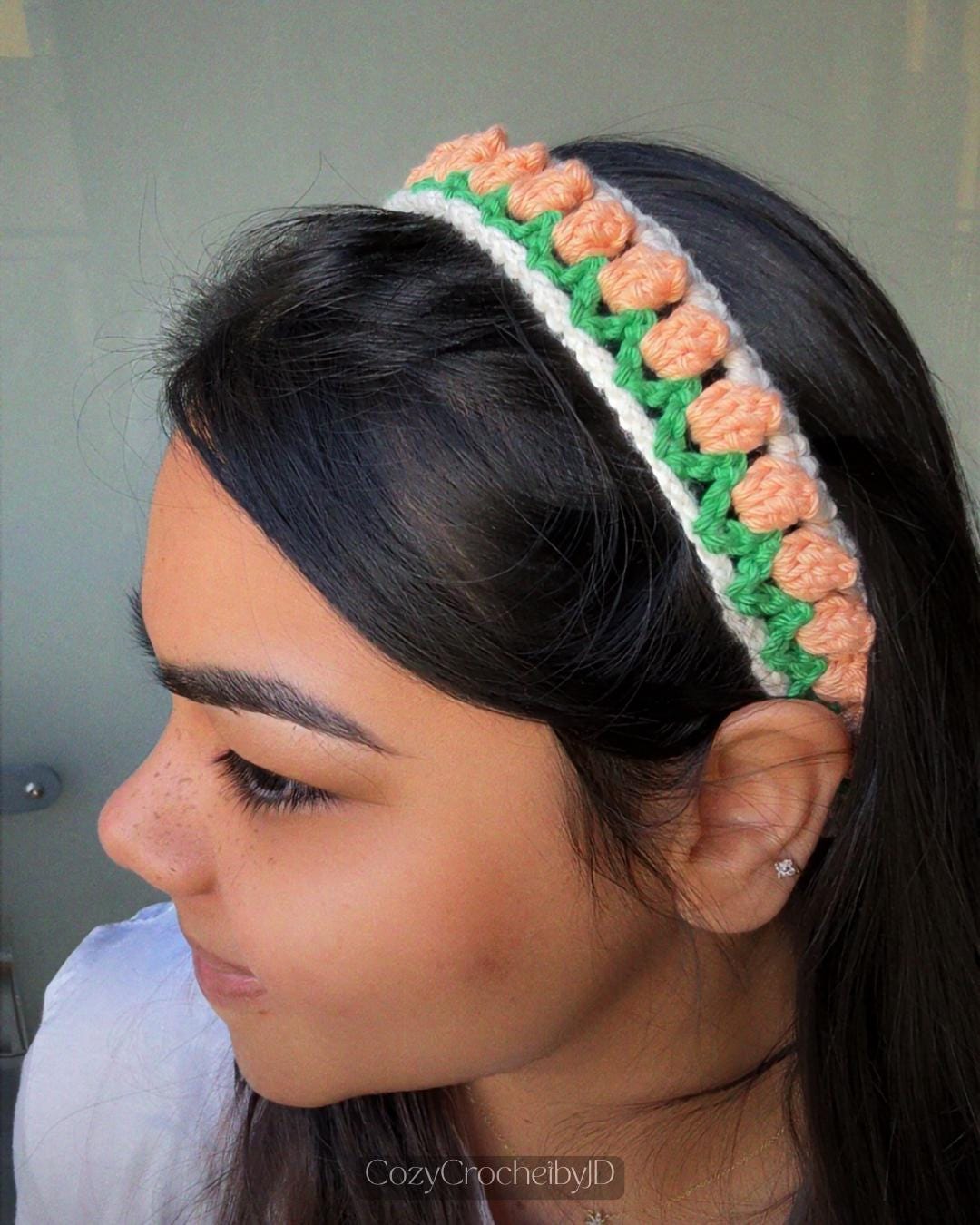 Crochet Floral Hairband | Handmade Tie-Up Headband | Rose, Tulip & Peach Blossom | Spring Summer Hair Accessory