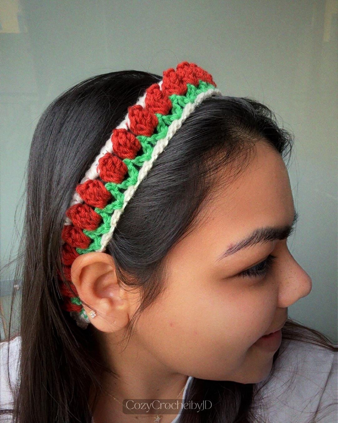 Crochet Floral Hairband | Handmade Tie-Up Headband | Rose, Tulip & Peach Blossom | Spring Summer Hair Accessory